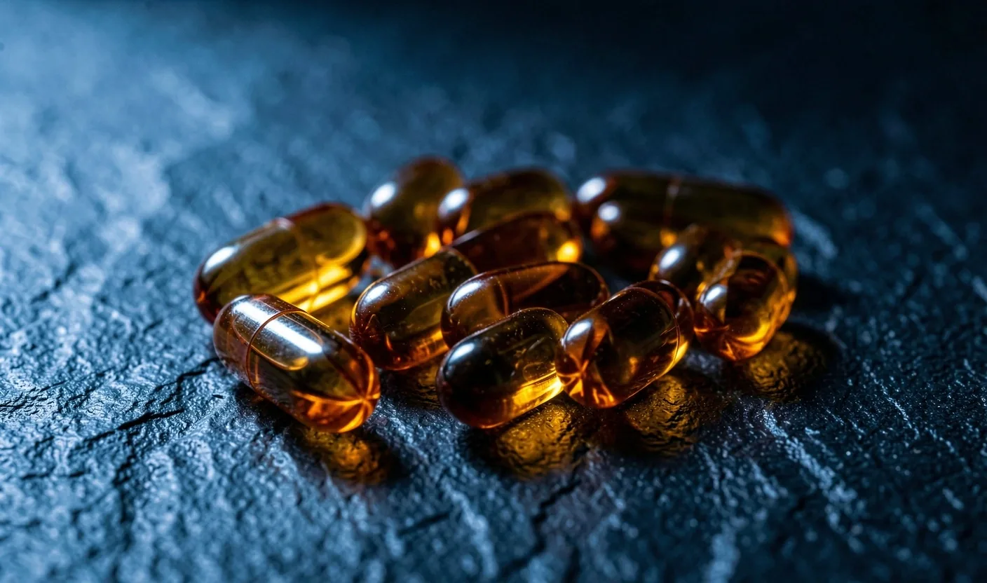 Natural supplement capsules in dramatic lighting