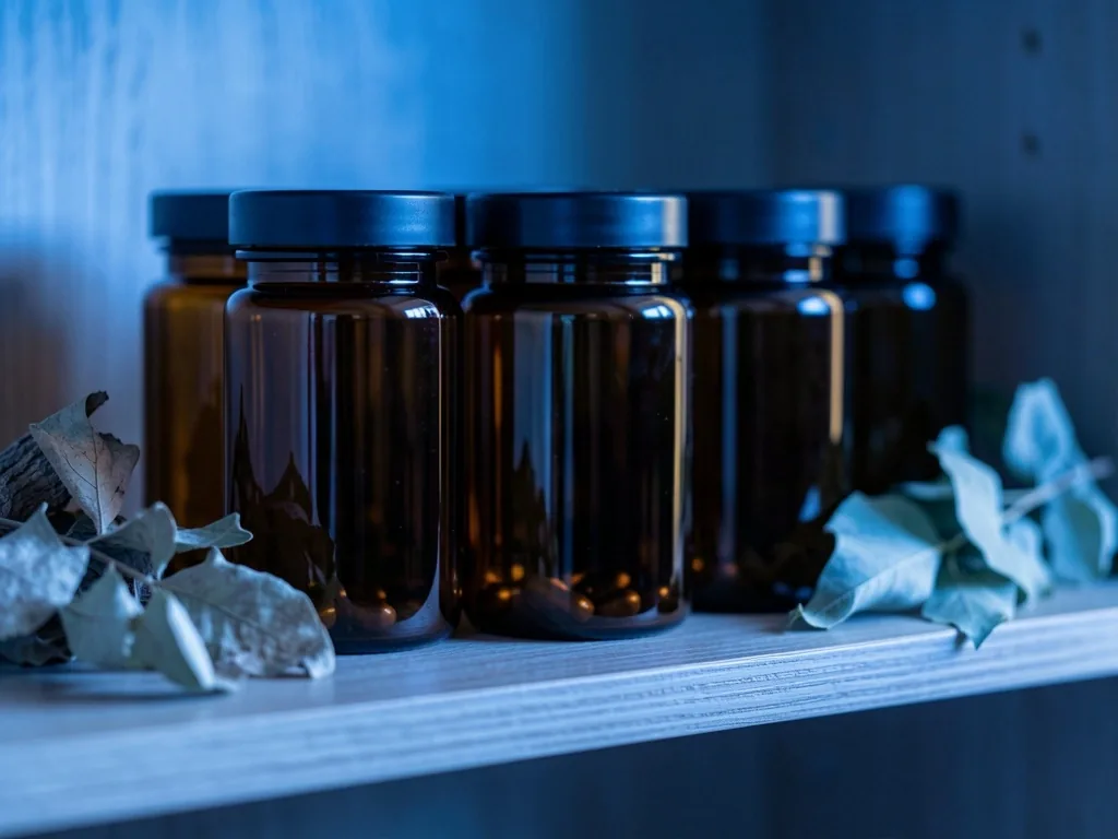 Supplement jars stored on a shelf