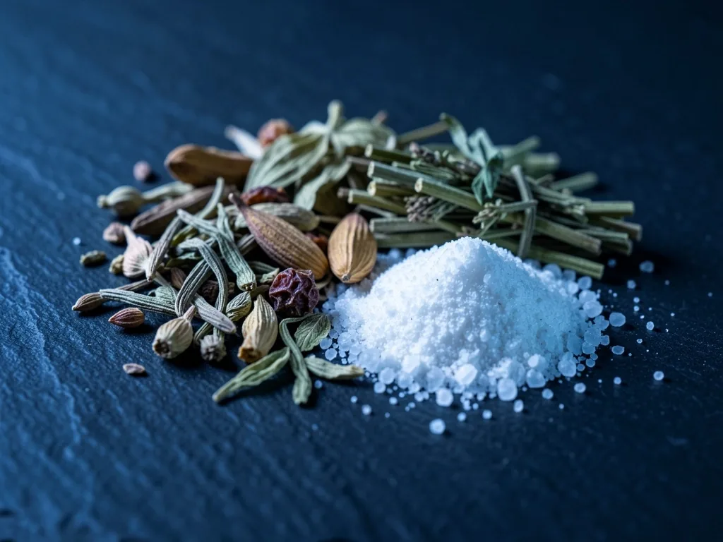 Botanical ingredients and mineral powder on a dark surface