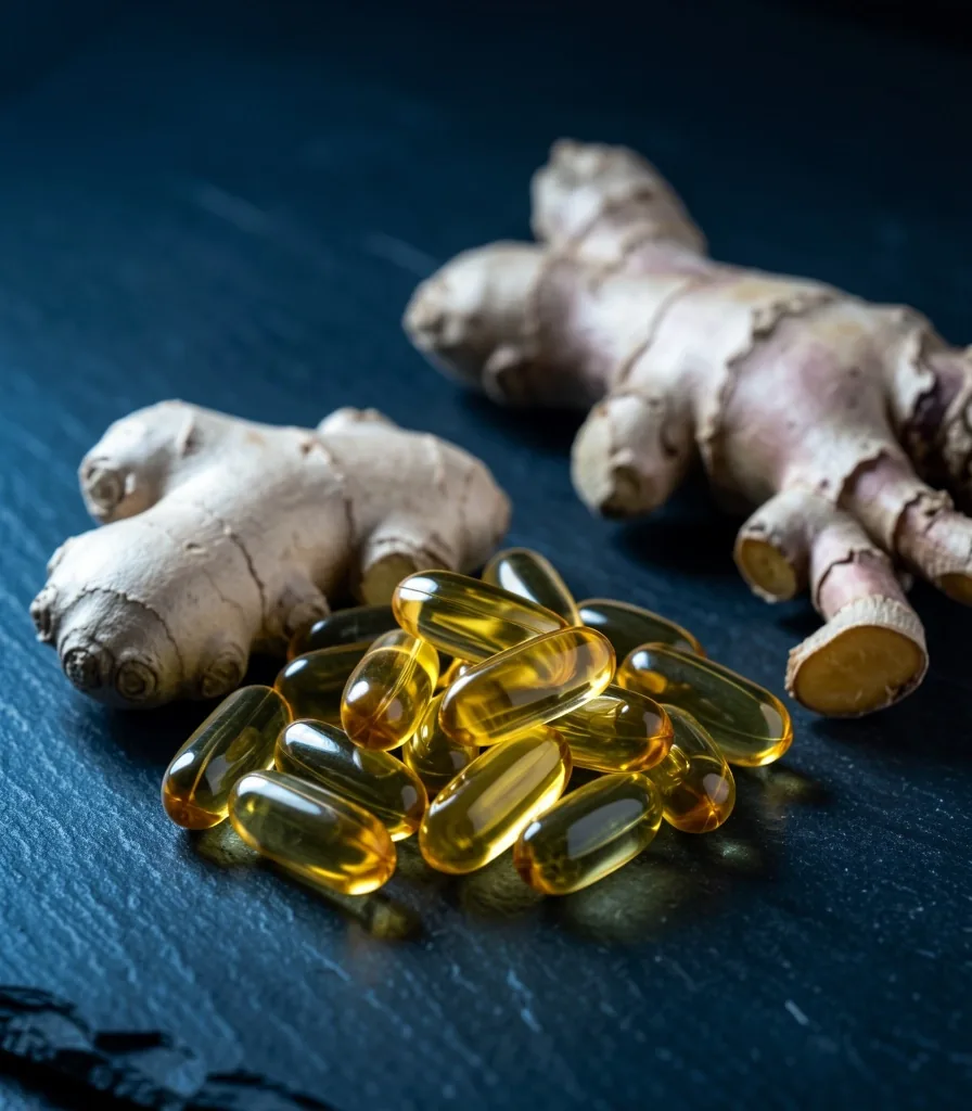 Natural supplement capsules on a dark surface