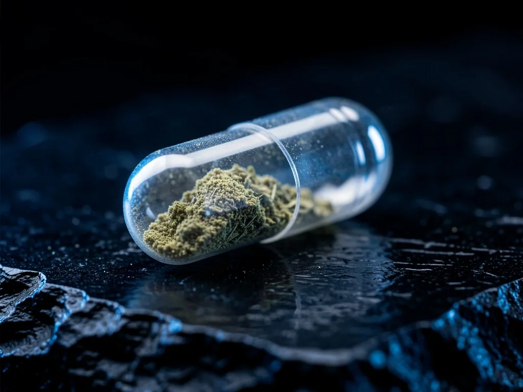 A single natural capsule on a dark stone surface