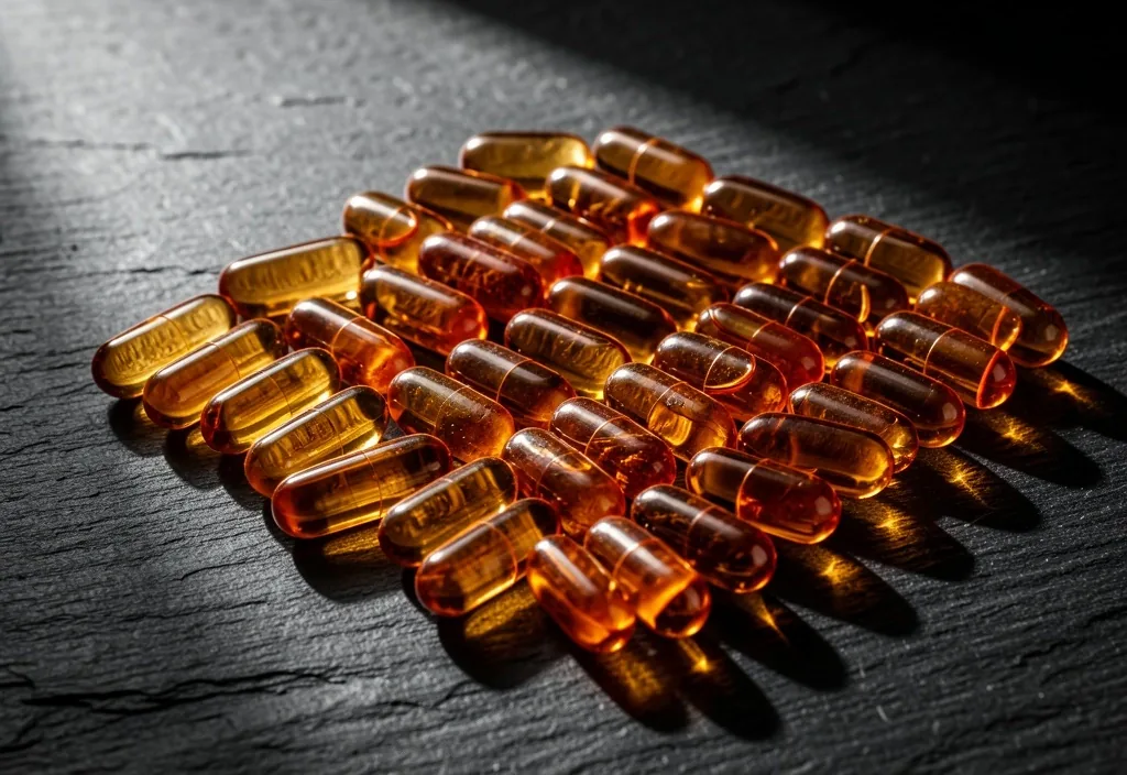 Natural supplement capsules arranged on a dark surface
