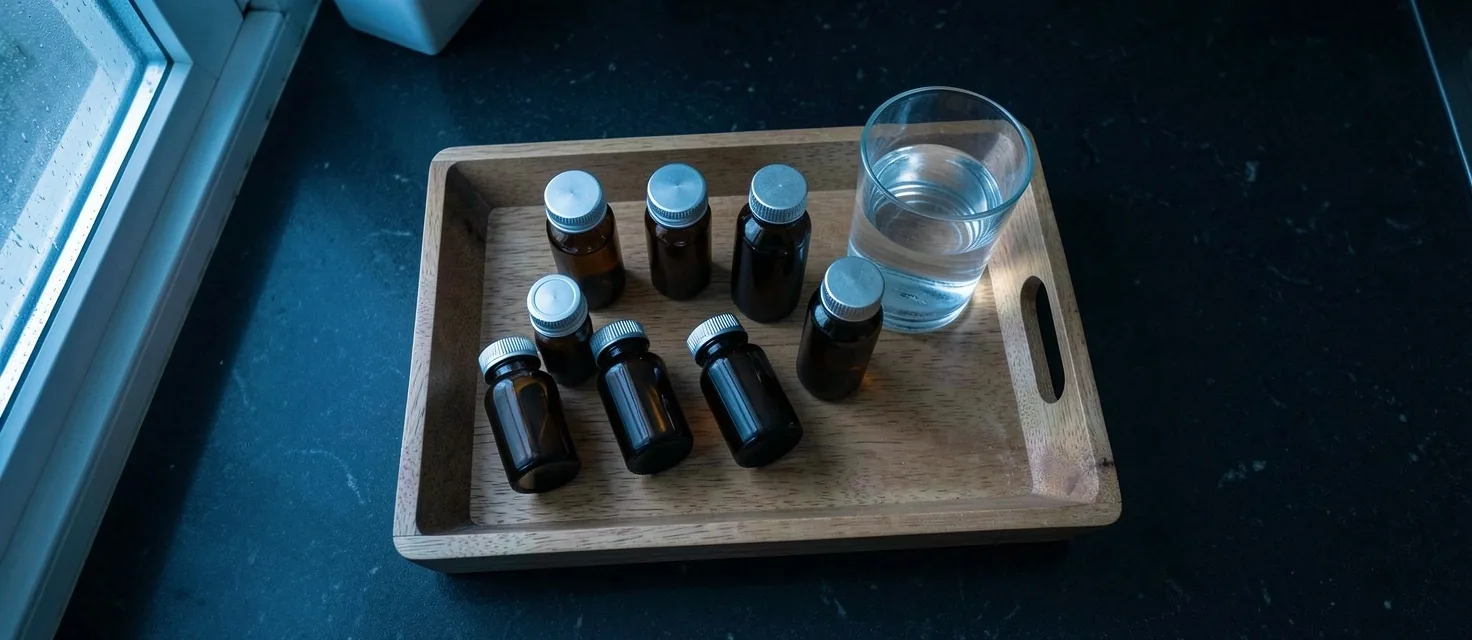 Morning supplement routine with natural vitamin bottles