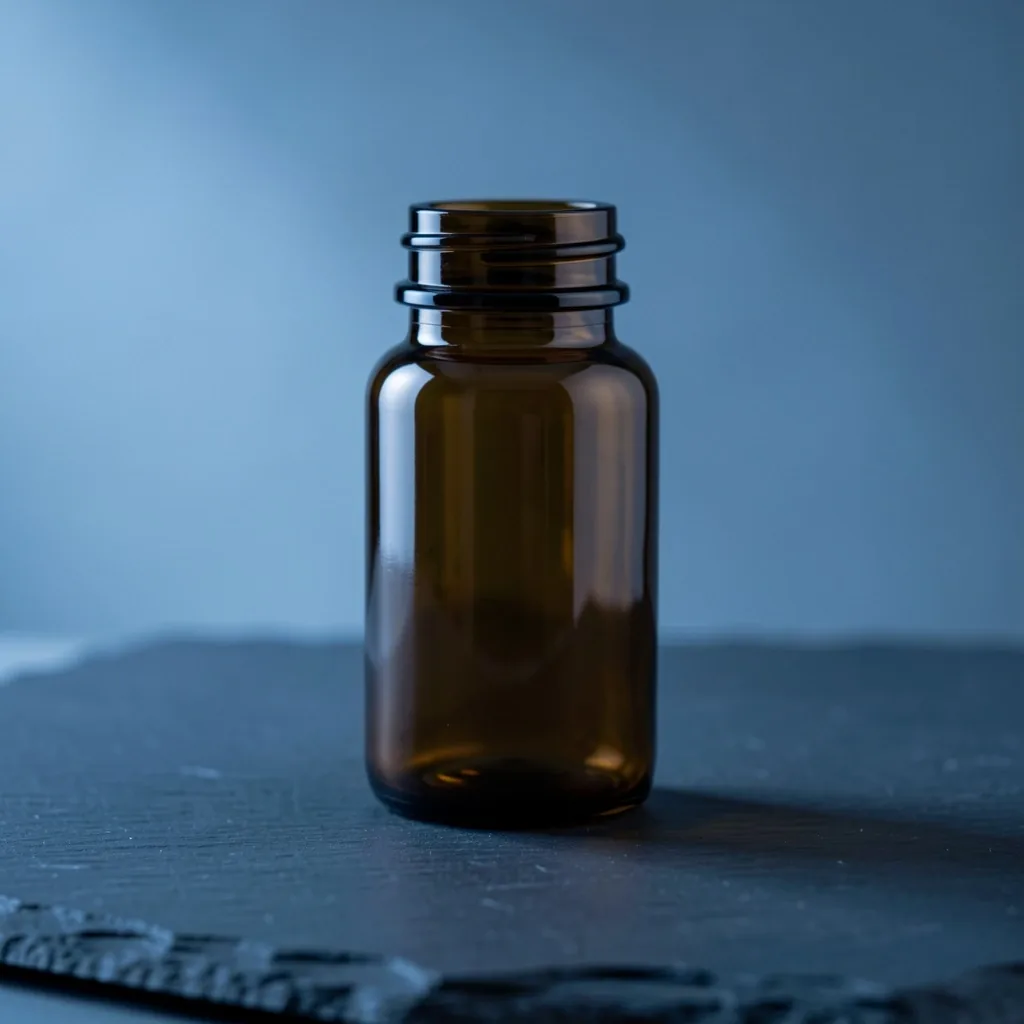 Amber glass supplement bottle in studio light
