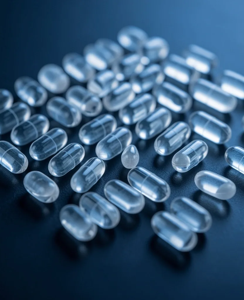 Natural supplement capsules arranged on a dark surface