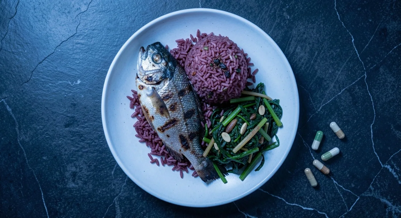 A balanced meal with whole foods and supplements on a dark surface