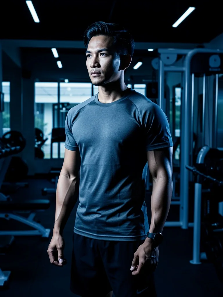 An active Indonesian man in a modern fitness setting